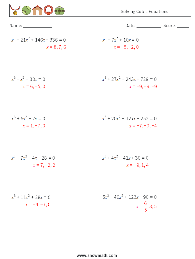 Solving Cubic Equations Math Worksheets 8 Question, Answer