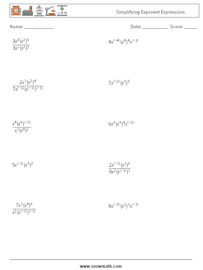 Simplifying Exponents Worksheets