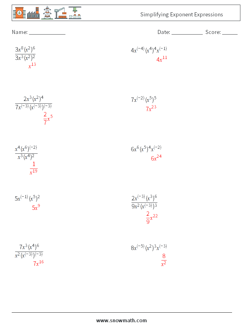  Simplifying Exponent Expressions Math Worksheets 1 Question, Answer