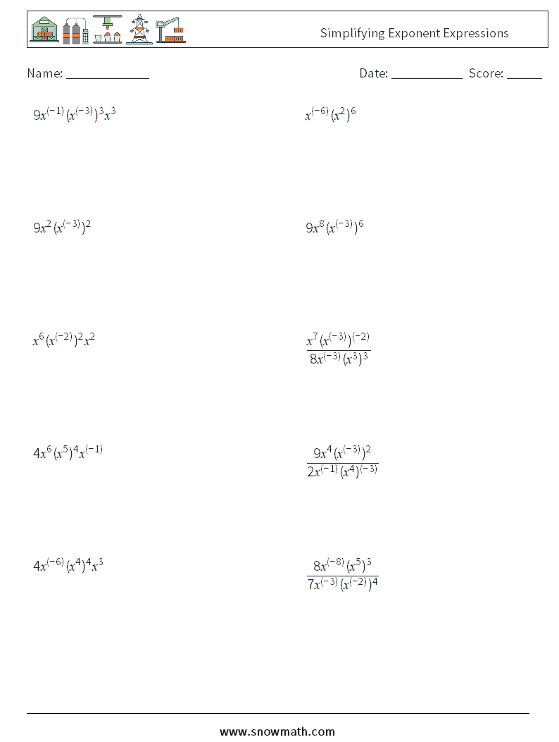  Simplifying Exponent Expressions Math Worksheets 2