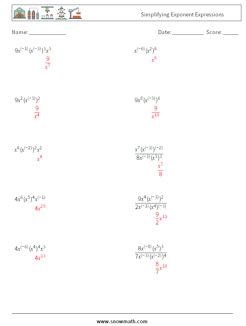  Simplifying Exponent Expressions Math Worksheets 2 Question, Answer