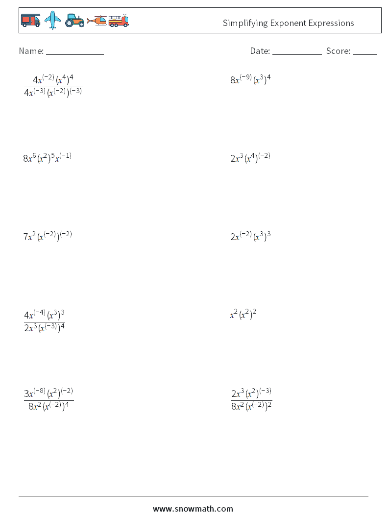  Simplifying Exponent Expressions Math Worksheets 3