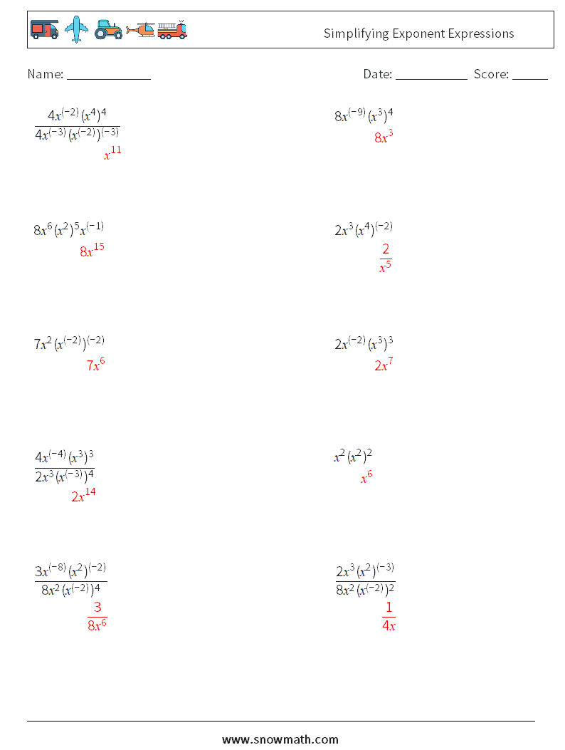  Simplifying Exponent Expressions Math Worksheets 3 Question, Answer