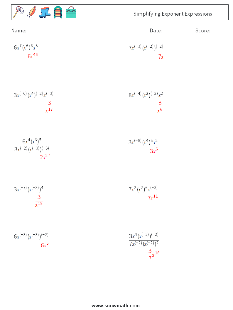  Simplifying Exponent Expressions Math Worksheets 4 Question, Answer