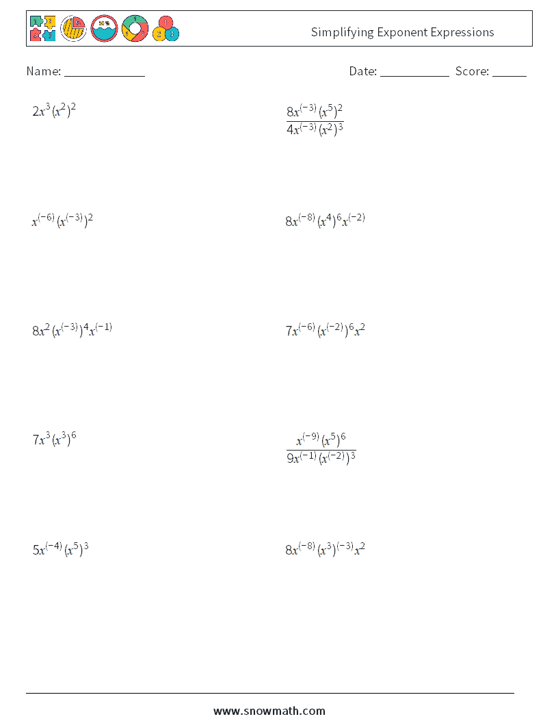  Simplifying Exponent Expressions Math Worksheets 5