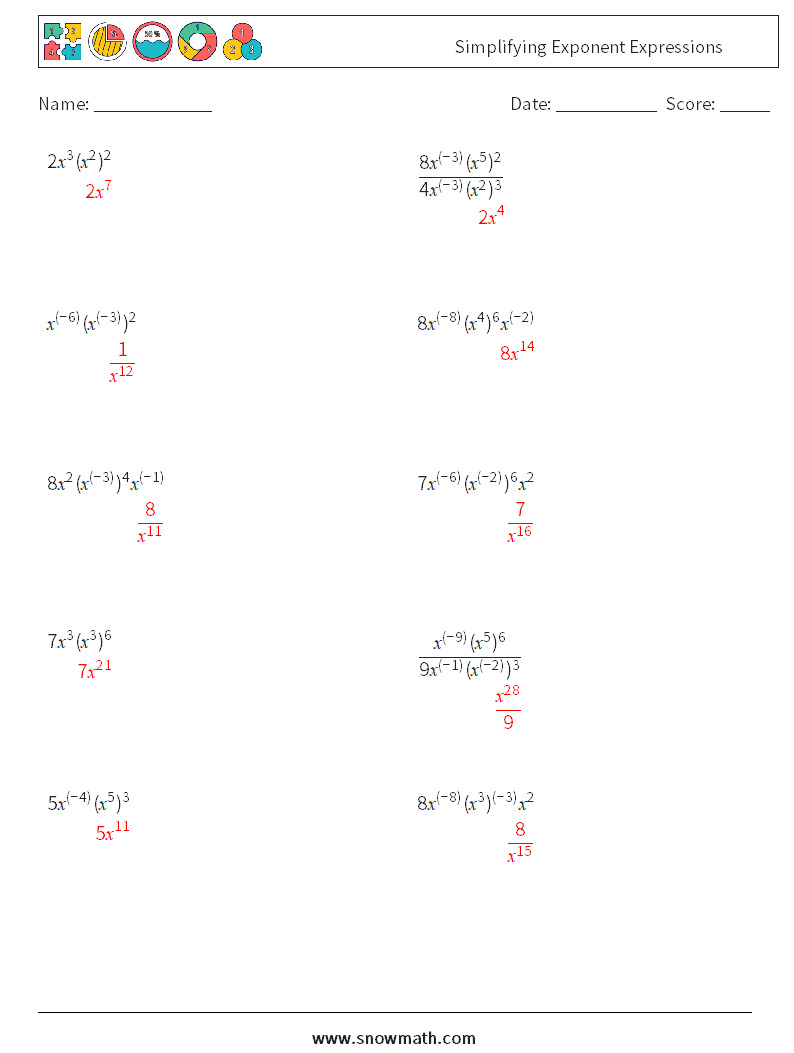  Simplifying Exponent Expressions Math Worksheets 5 Question, Answer