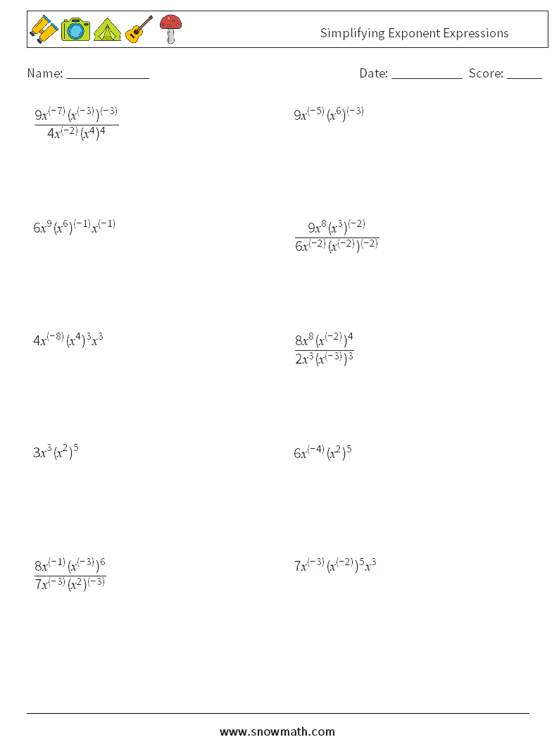  Simplifying Exponent Expressions Math Worksheets 6