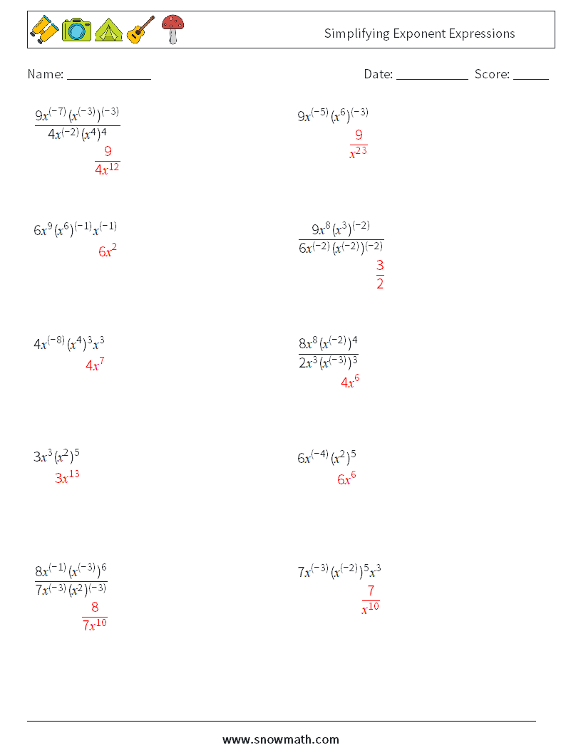  Simplifying Exponent Expressions Math Worksheets 6 Question, Answer