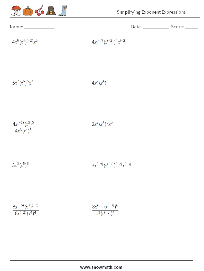  Simplifying Exponent Expressions Math Worksheets 7