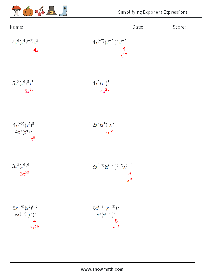  Simplifying Exponent Expressions Math Worksheets 7 Question, Answer