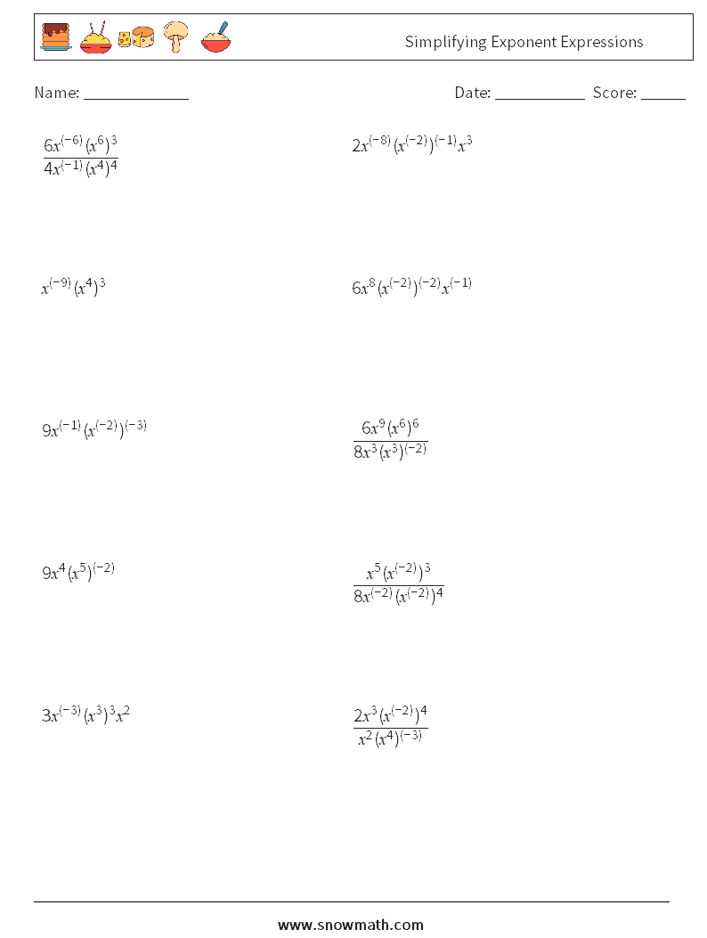  Simplifying Exponent Expressions Math Worksheets 8