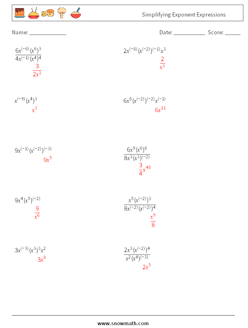  Simplifying Exponent Expressions Math Worksheets 8 Question, Answer