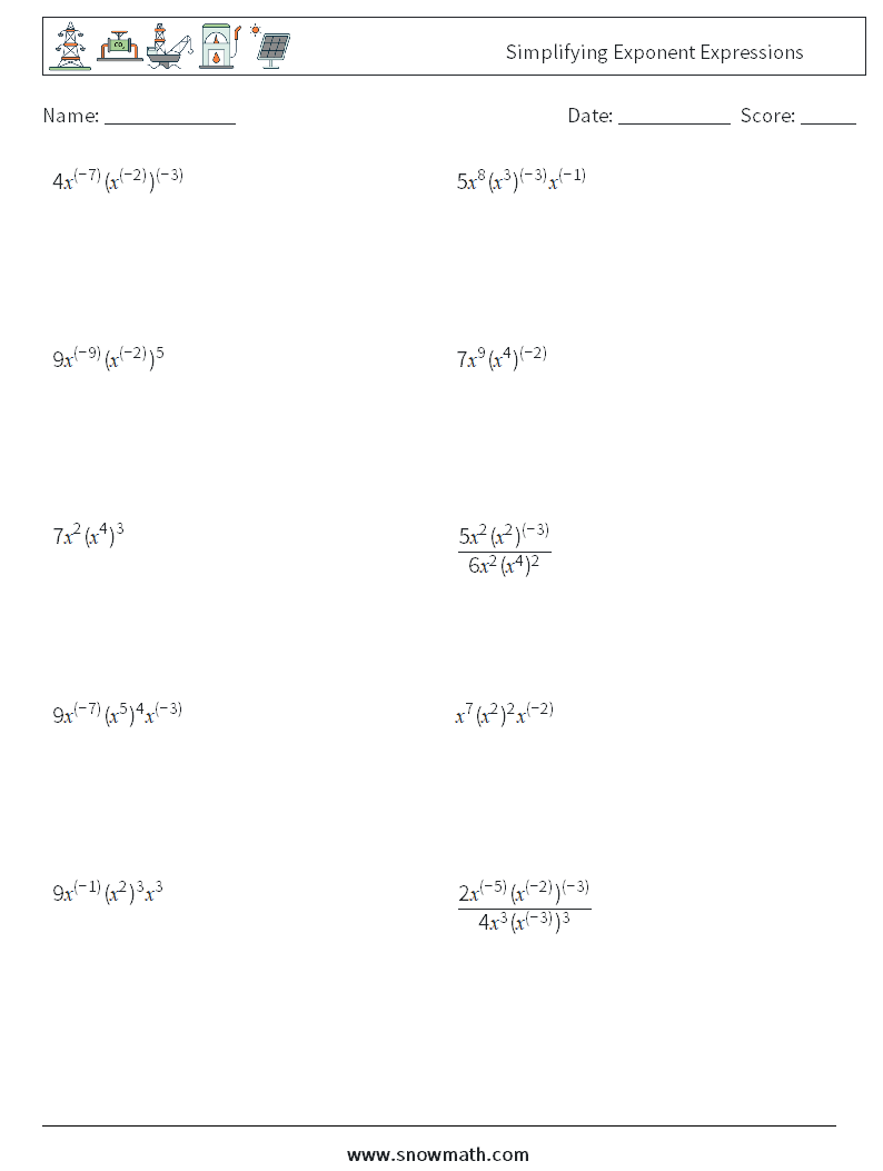  Simplifying Exponent Expressions Math Worksheets 9