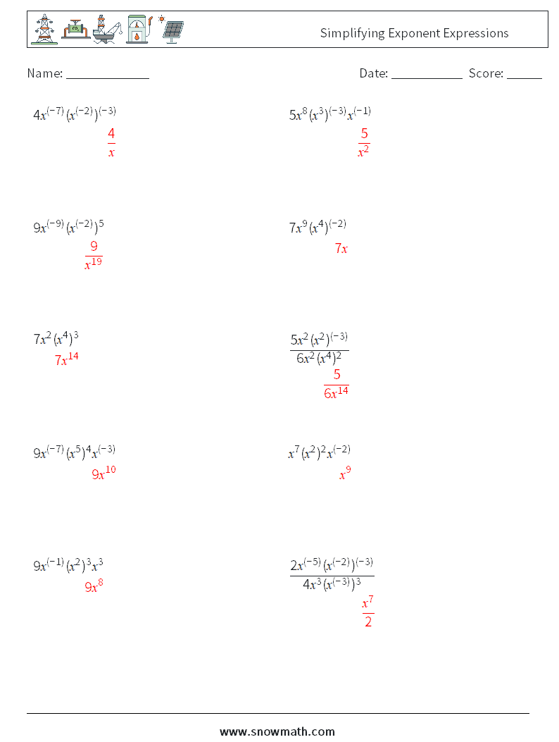  Simplifying Exponent Expressions Math Worksheets 9 Question, Answer
