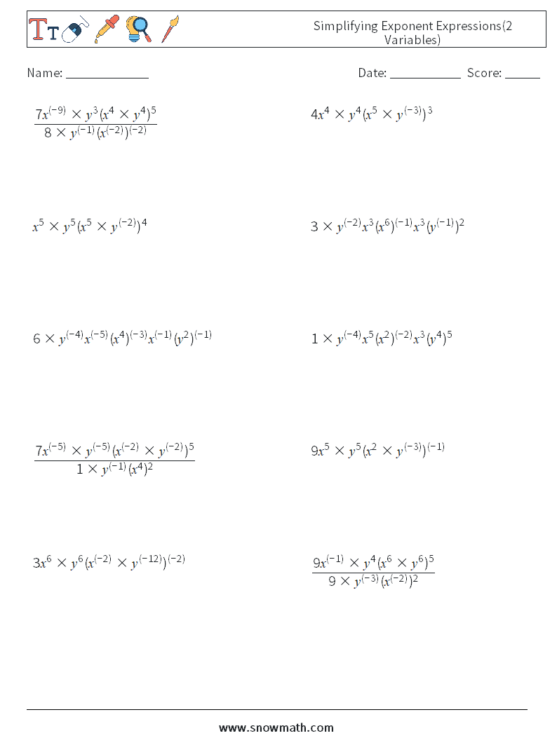  Simplifying Exponent Expressions(2 Variables) Math Worksheets 1