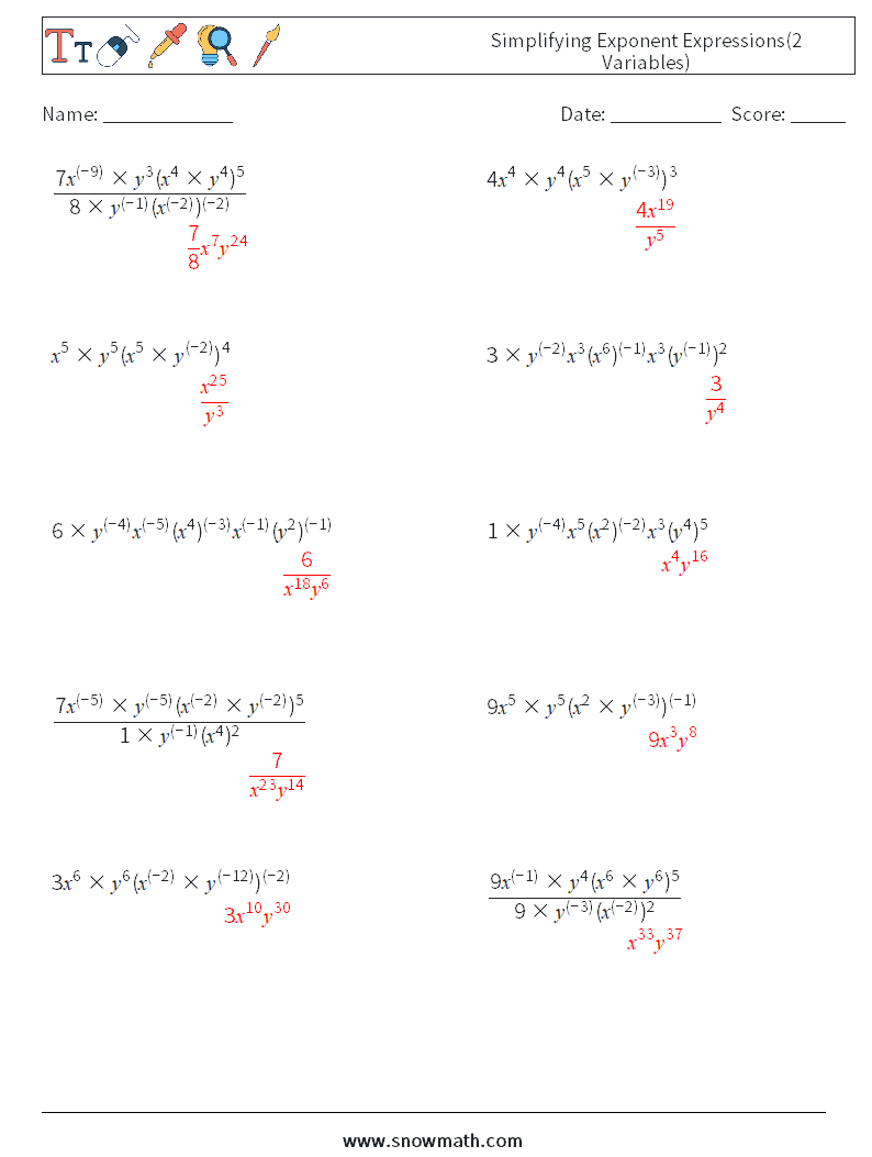  Simplifying Exponent Expressions(2 Variables) Math Worksheets 1 Question, Answer