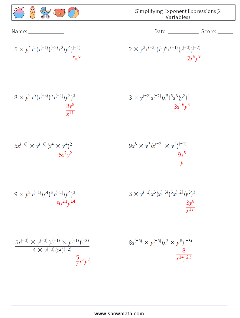  Simplifying Exponent Expressions(2 Variables) Math Worksheets 2 Question, Answer