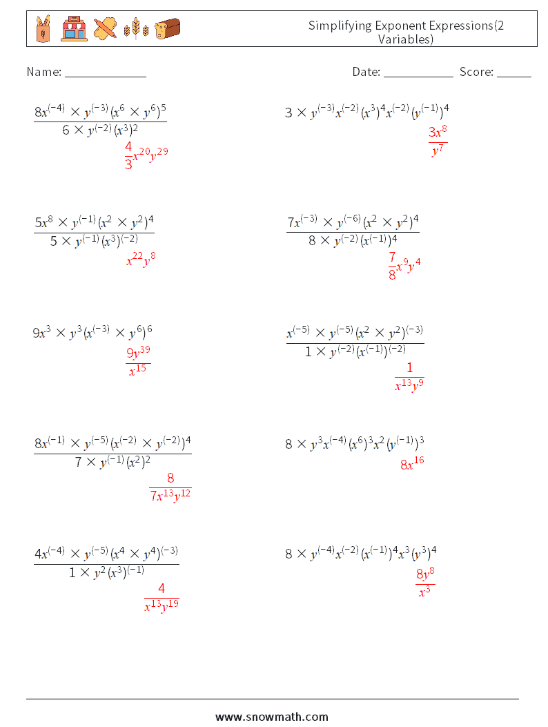  Simplifying Exponent Expressions(2 Variables) Math Worksheets 3 Question, Answer