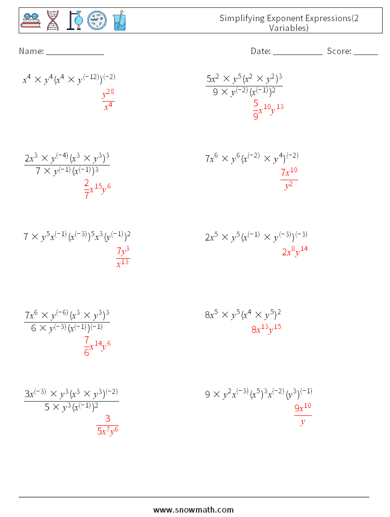  Simplifying Exponent Expressions(2 Variables) Math Worksheets 4 Question, Answer
