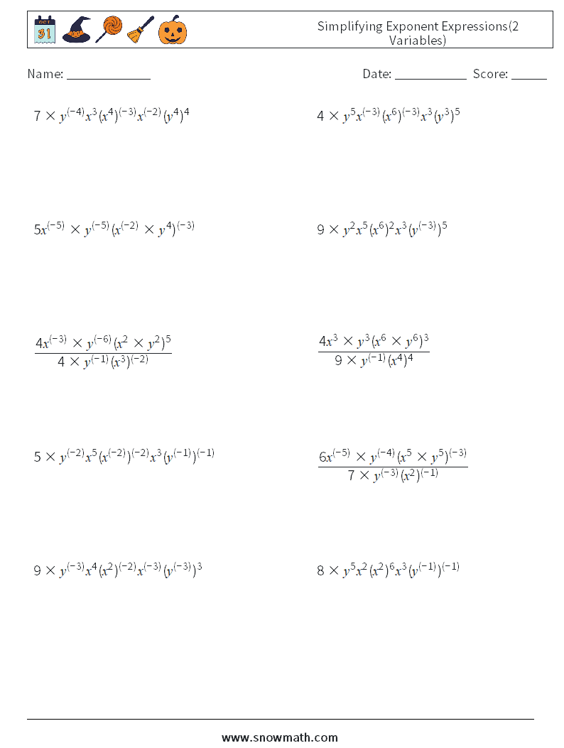  Simplifying Exponent Expressions(2 Variables) Math Worksheets 5