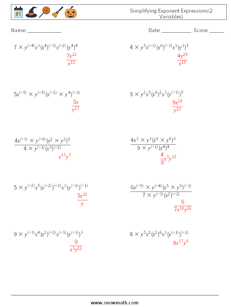  Simplifying Exponent Expressions(2 Variables) Math Worksheets 5 Question, Answer