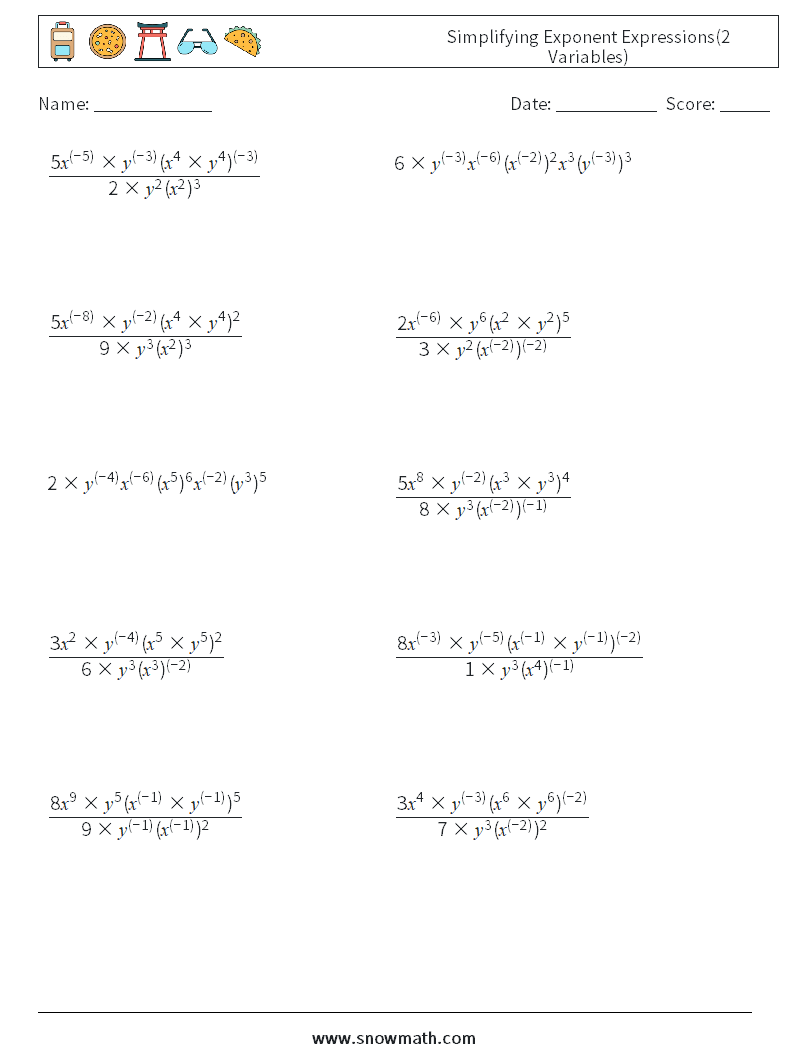  Simplifying Exponent Expressions(2 Variables) Maths Worksheets 6