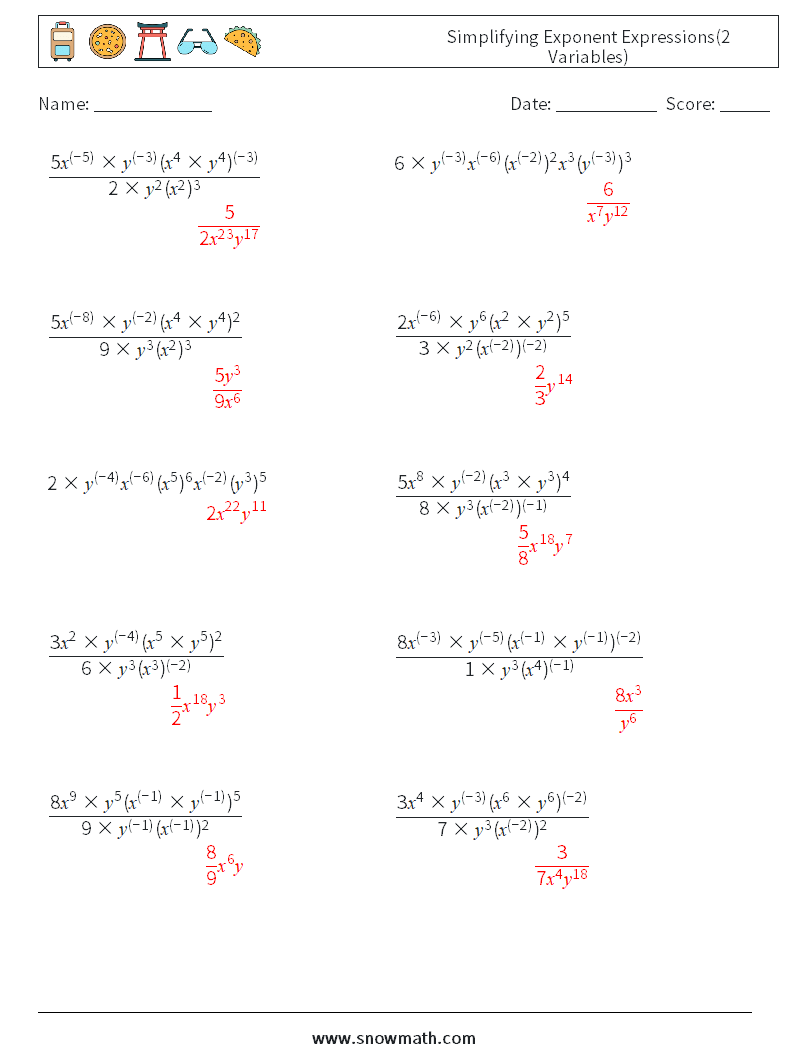  Simplifying Exponent Expressions(2 Variables) Math Worksheets 6 Question, Answer