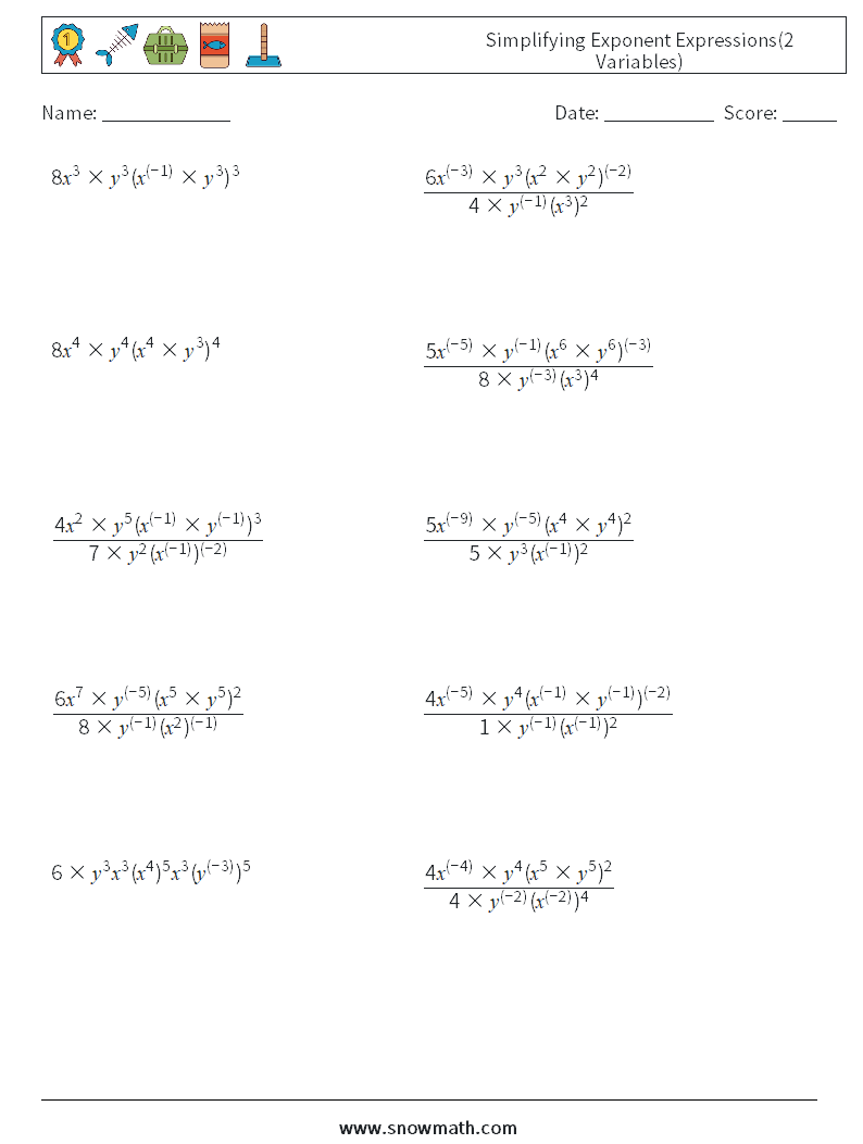 Simplifying Exponent Expressions(2 Variables) Maths Worksheets 7
