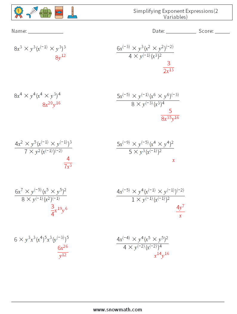  Simplifying Exponent Expressions(2 Variables) Math Worksheets 7 Question, Answer