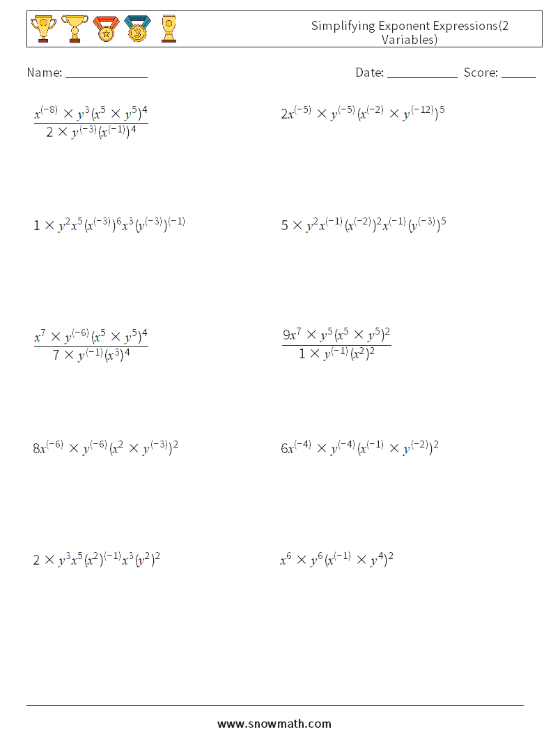  Simplifying Exponent Expressions(2 Variables) Math Worksheets 8