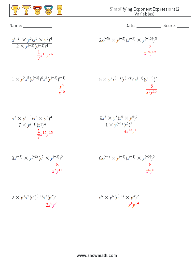  Simplifying Exponent Expressions(2 Variables) Math Worksheets 8 Question, Answer