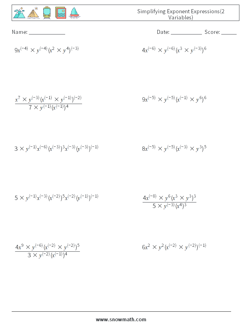  Simplifying Exponent Expressions(2 Variables) Maths Worksheets 9