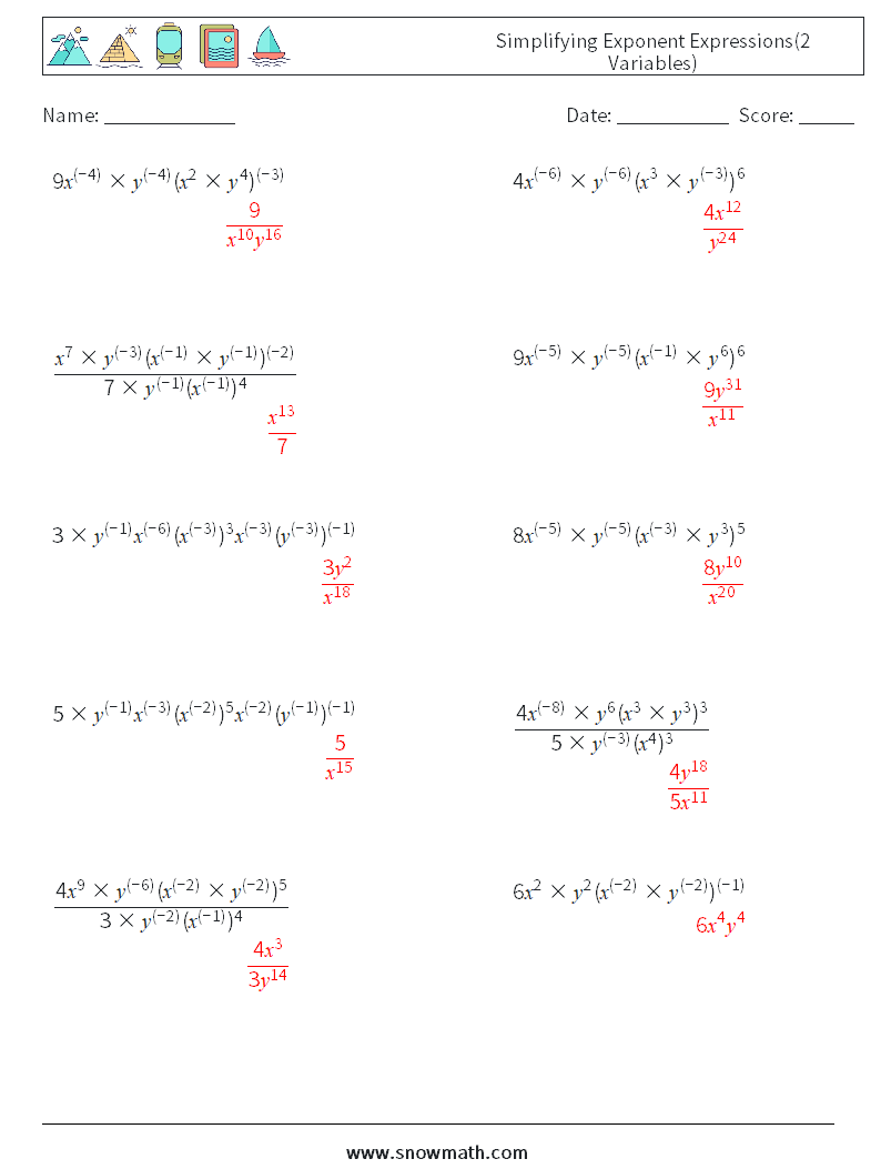  Simplifying Exponent Expressions(2 Variables) Math Worksheets 9 Question, Answer