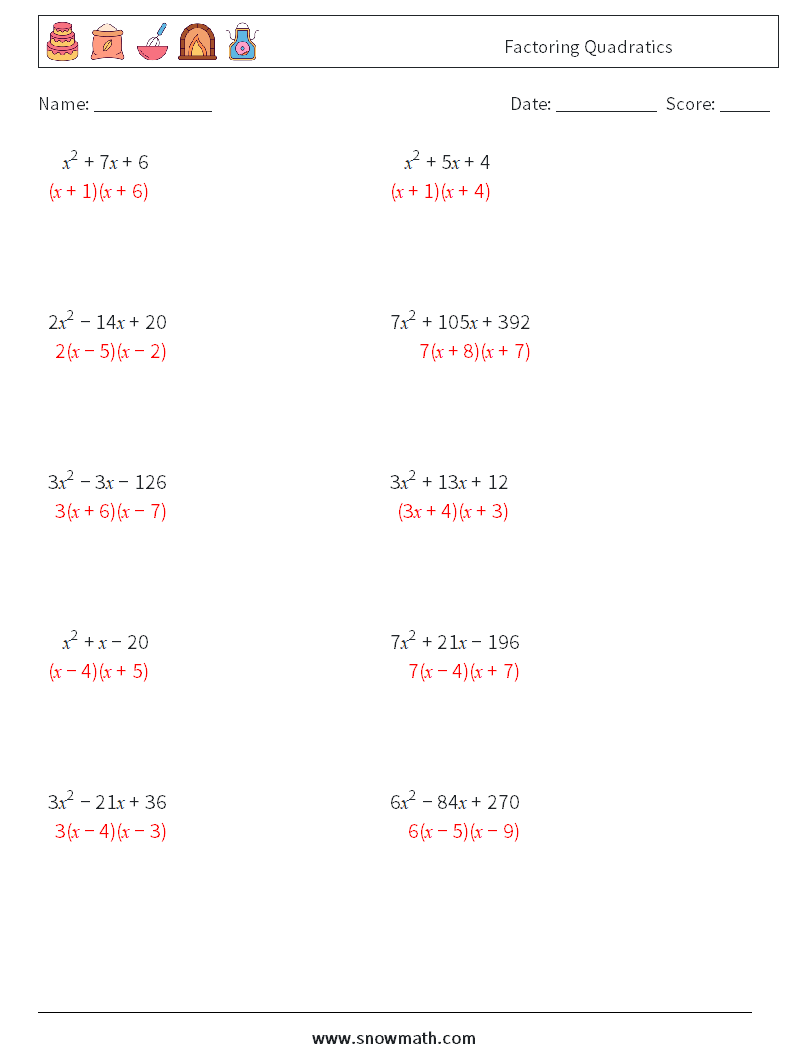 Factoring Quadratics Math Worksheets 1 Question, Answer