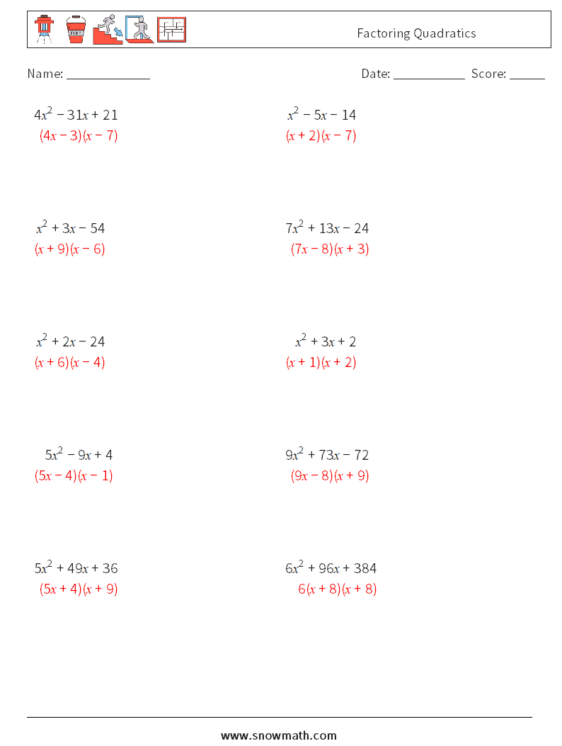 Factoring Quadratics Math Worksheets 2 Question, Answer