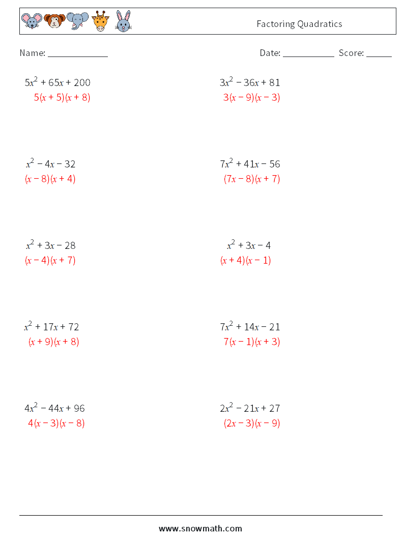 Factoring Quadratics Math Worksheets 3 Question, Answer