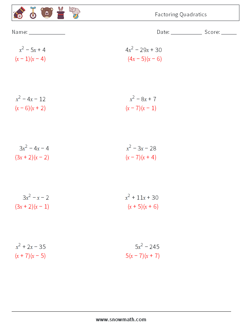 Factoring Quadratics Math Worksheets 4 Question, Answer