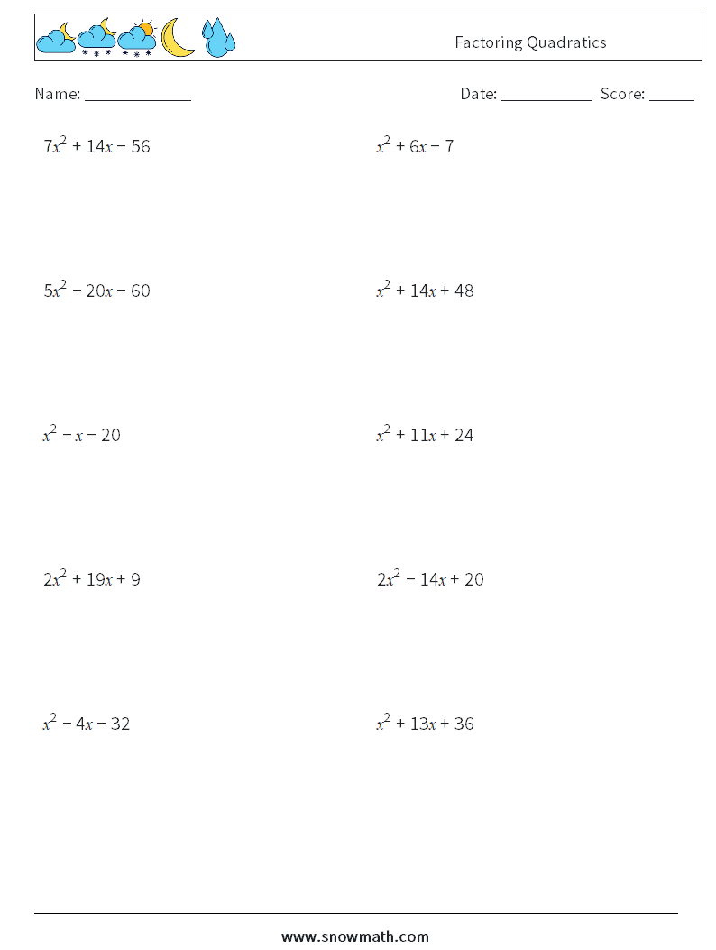 Factoring Quadratics Math Worksheets 5