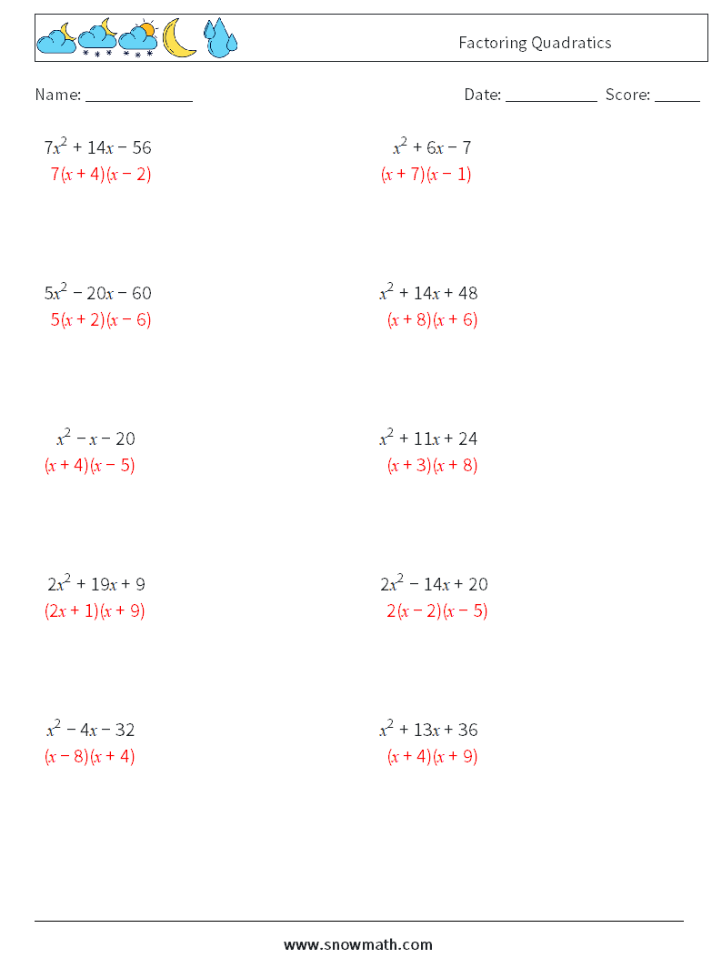 Factoring Quadratics Math Worksheets 5 Question, Answer