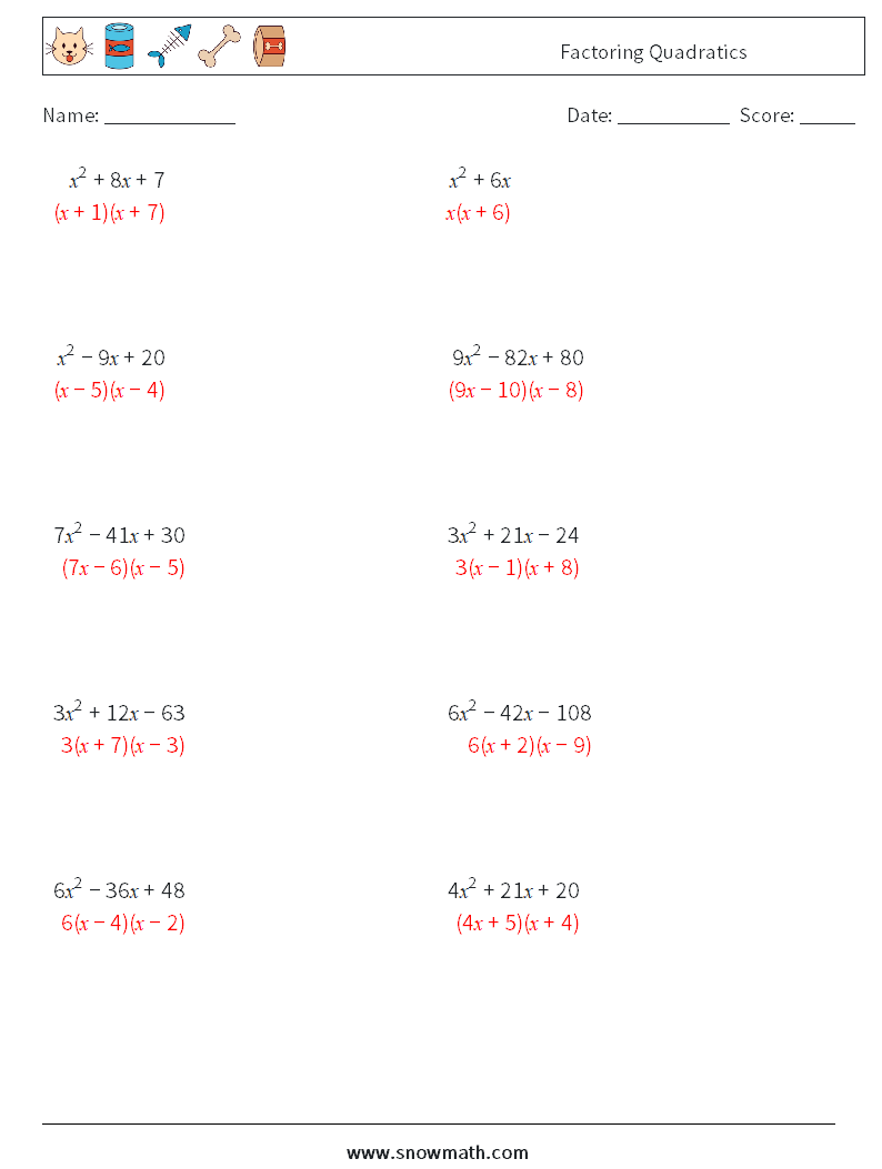 Factoring Quadratics Math Worksheets 6 Question, Answer