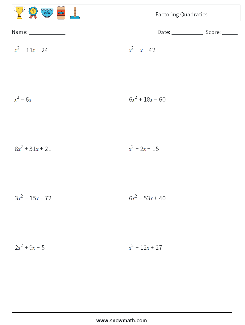 Factoring Quadratics Maths Worksheets 7