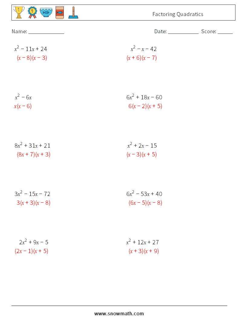 Factoring Quadratics Math Worksheets 7 Question, Answer