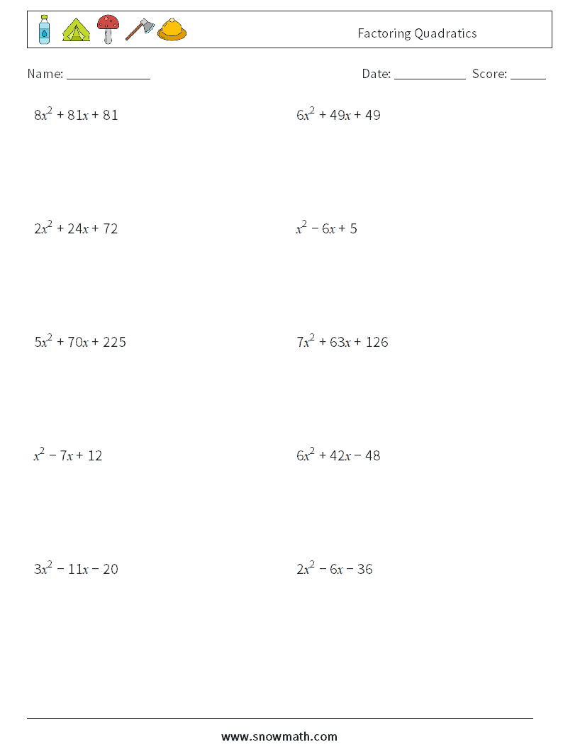 Factoring Quadratics Maths Worksheets 8