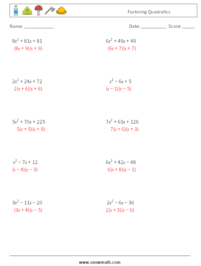 Factoring Quadratics Math Worksheets 8 Question, Answer