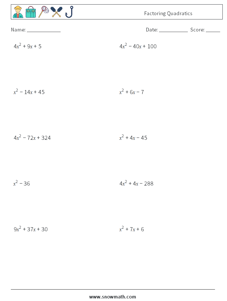 Factoring Quadratics Maths Worksheets 9