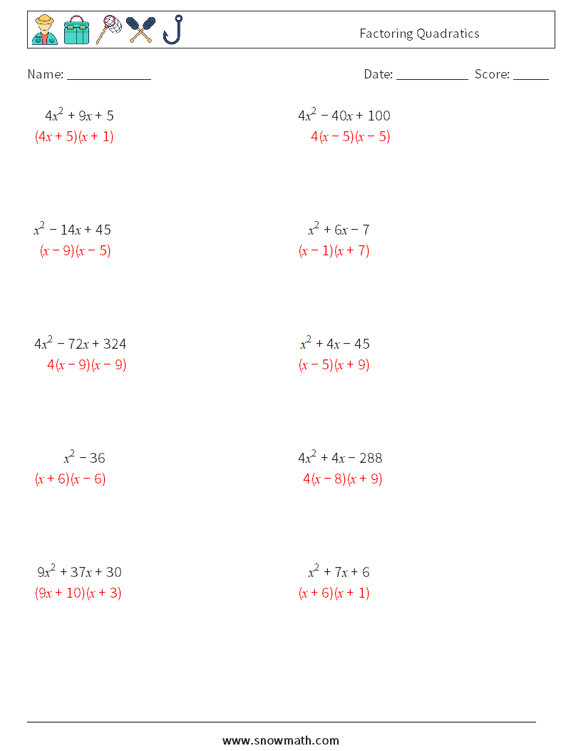Factoring Quadratics Math Worksheets 9 Question, Answer