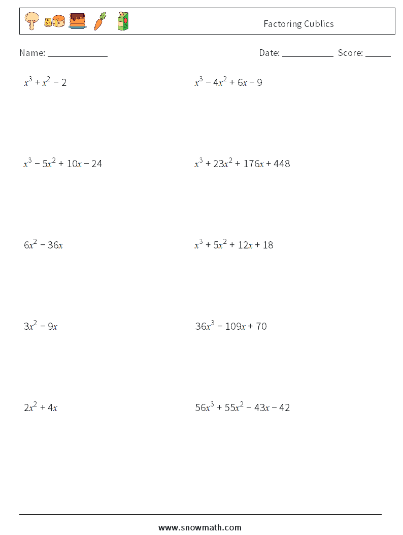 Math worksheets factoring polynomials