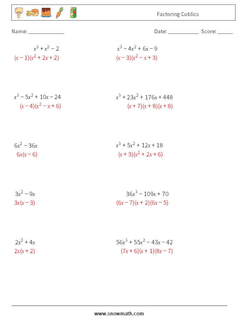 Factoring Cublics Math Worksheets 1 Question, Answer