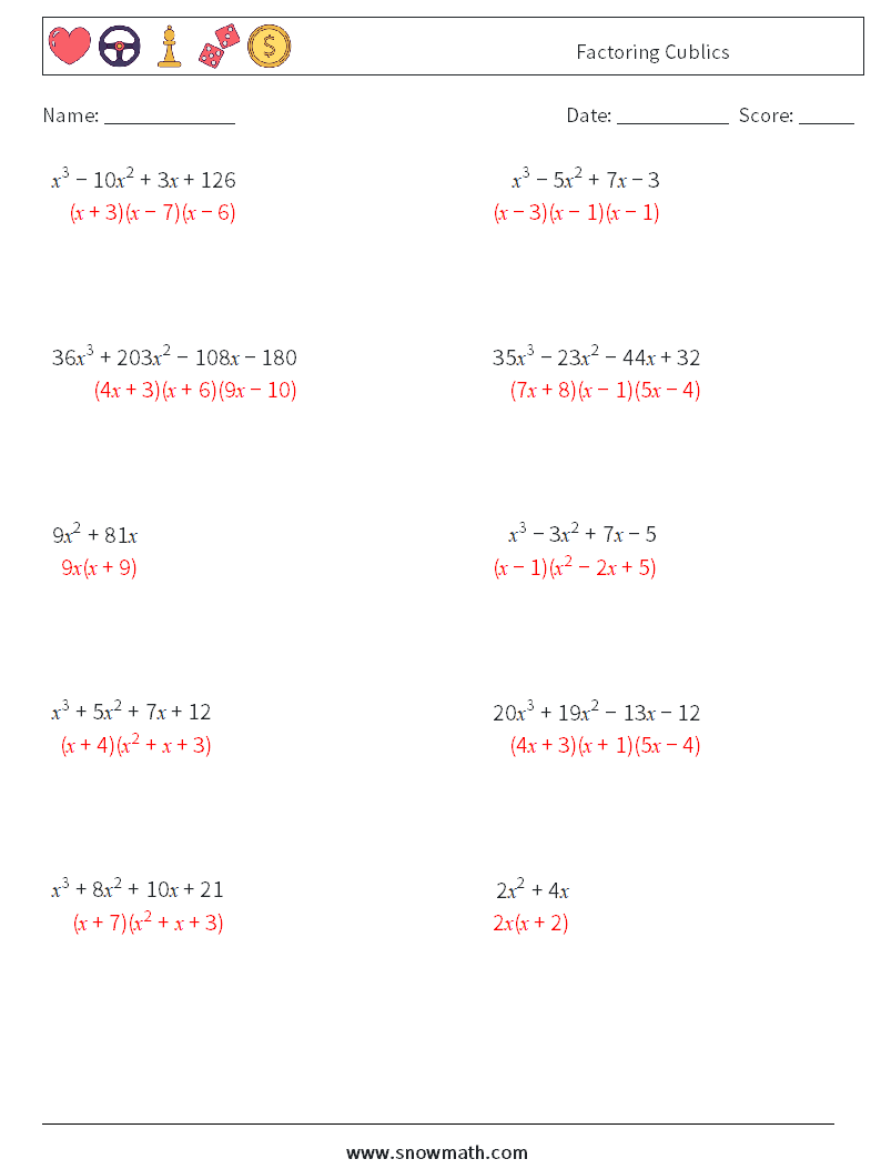 Factoring Cublics Math Worksheets 2 Question, Answer