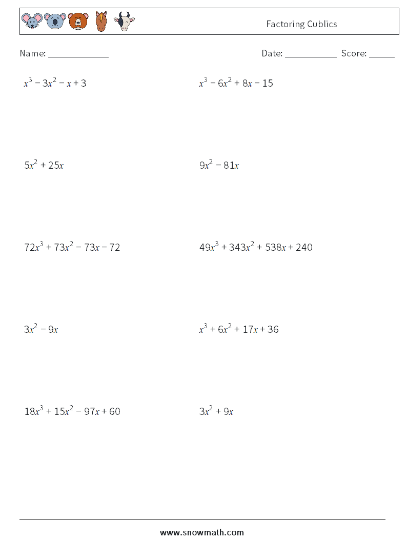 Factoring Cublics Math Worksheets 3